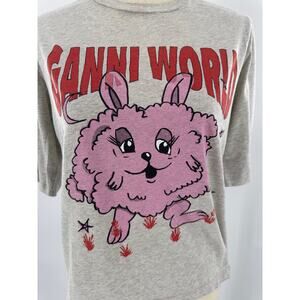 Ganni Fun Bunny T-shirt Gray Melange Tee Short Sleeve Graphic Pink Rabbit M